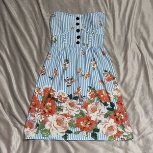 Strapless blue flower printed dress